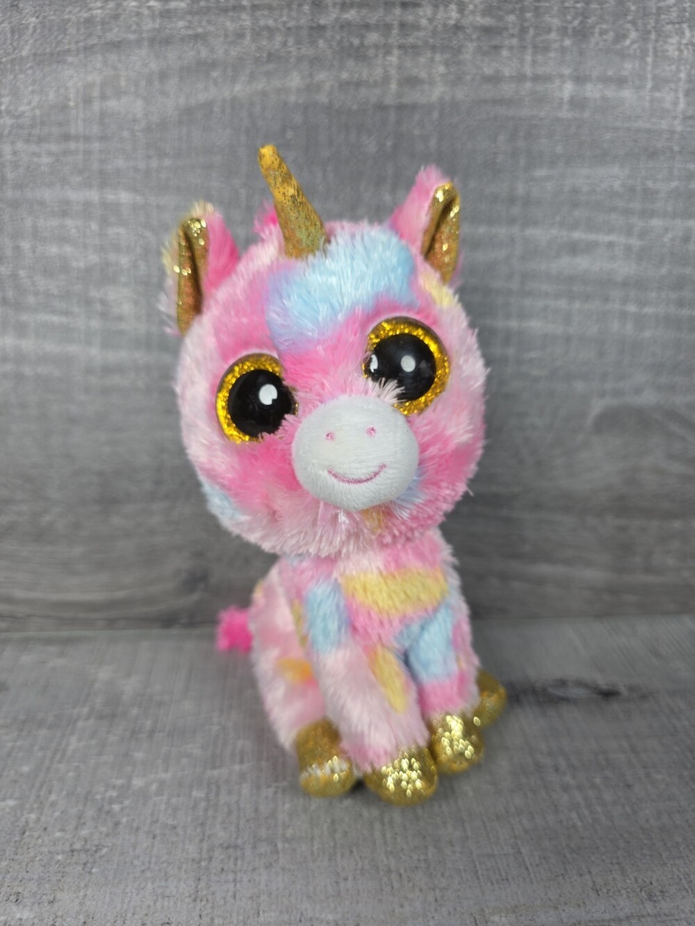 Ty TySilk Fantasia Unicorn Gold Pink Glitter Eyes Blue Plush Stuffed Animal b45